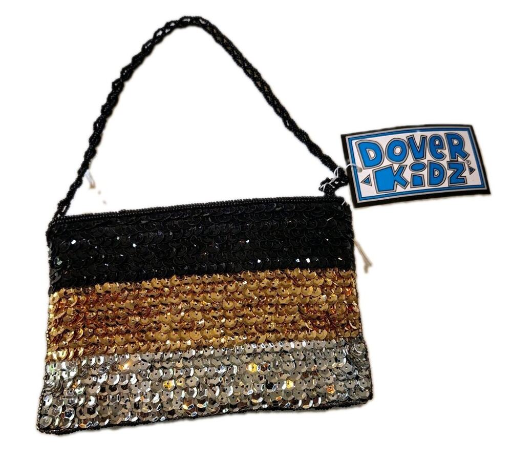 Dover Kidz Black Gold Silver Sequin Zip Small Shoulder Bag Chain Strap Lined NWT